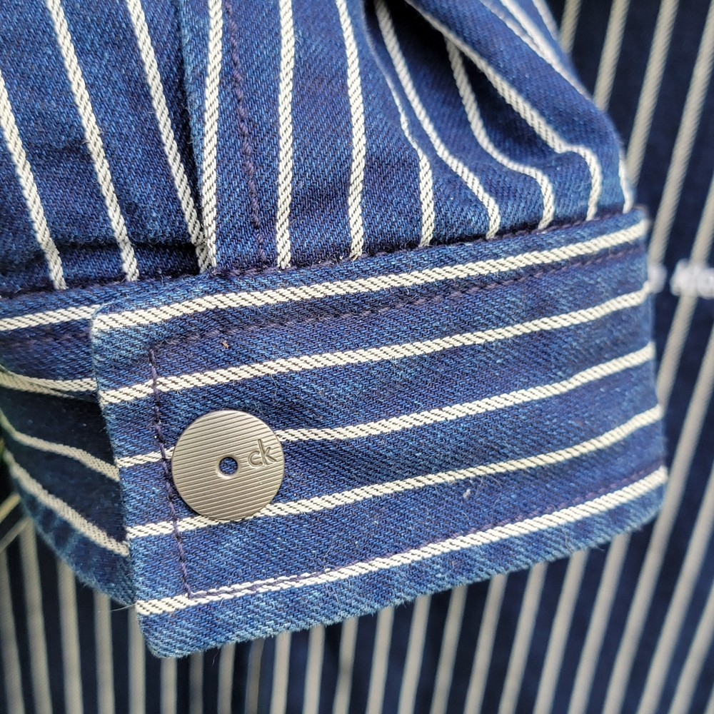 Trucker Jacket Calvin Klein Navy & White Striped Collared Medium Unisex Utility - Picture 7 of 16